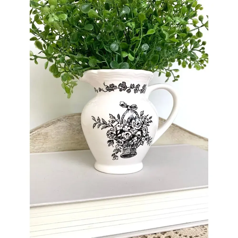 Vintage Black Transferware Creamer Vase New England Toile Farmhouse Whimsigoth